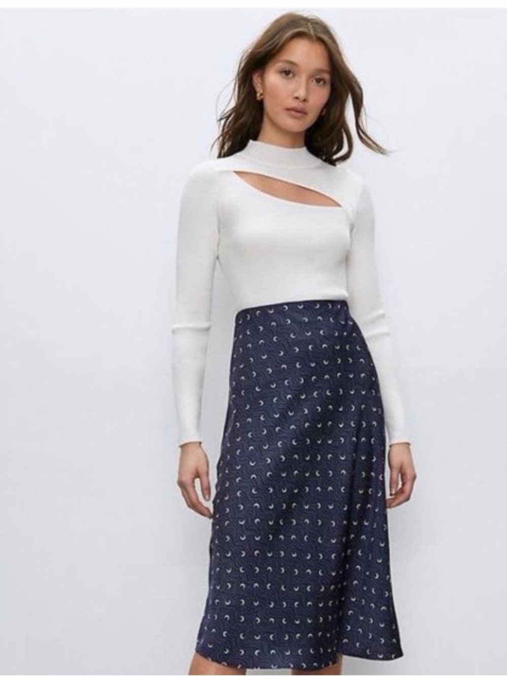 Aritzia Babaton Navy Crescent-Print A-Line Midi Skirt